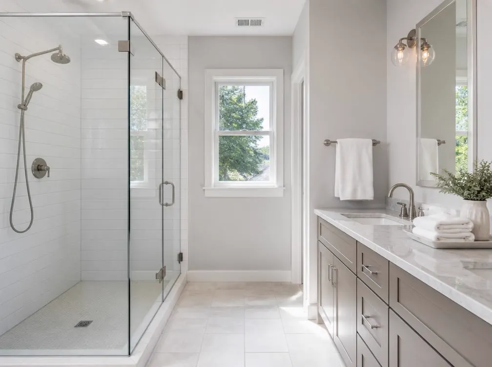Deep-cleaned bathroom with polished glass shower and fixtures