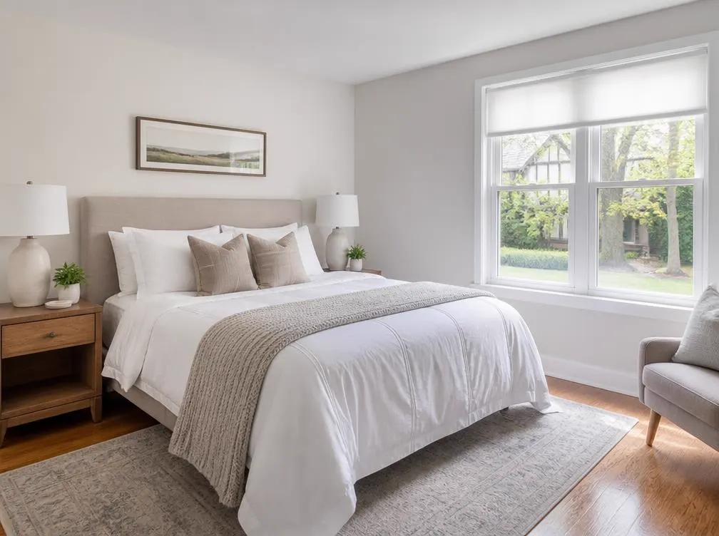 Neatly made bed and dusted surfaces after a house cleaning visit