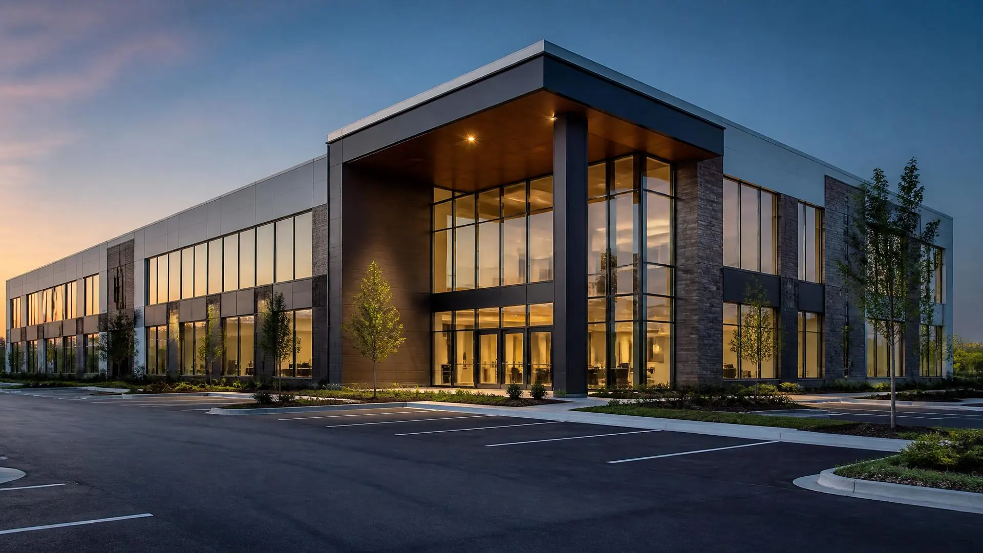 Modern Wisconsin commercial property at dawn with a spotless parking lot and maintained grounds