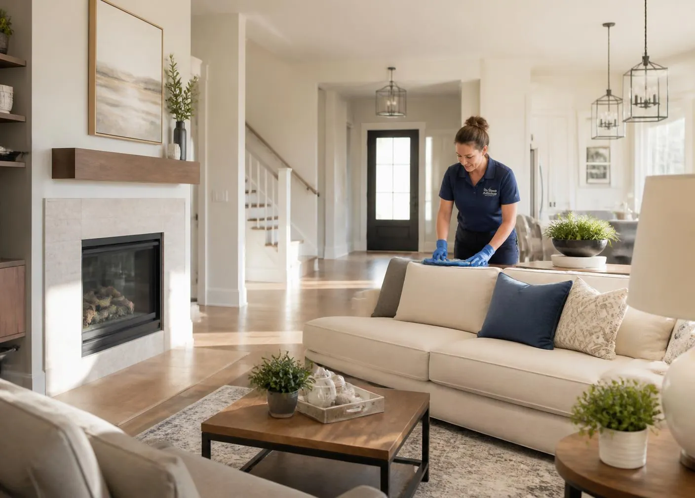 Clean, bright living room after a residential house cleaning service